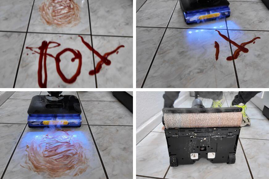 Der Tineco Floor One S7 Stretch Steam Plus hat im Reinigungstest mit Dampfreinigung eingetrocknete Flecken restlos entfernt und die Bürste ist dank der Frischwasserreinigung sauber geblieben.